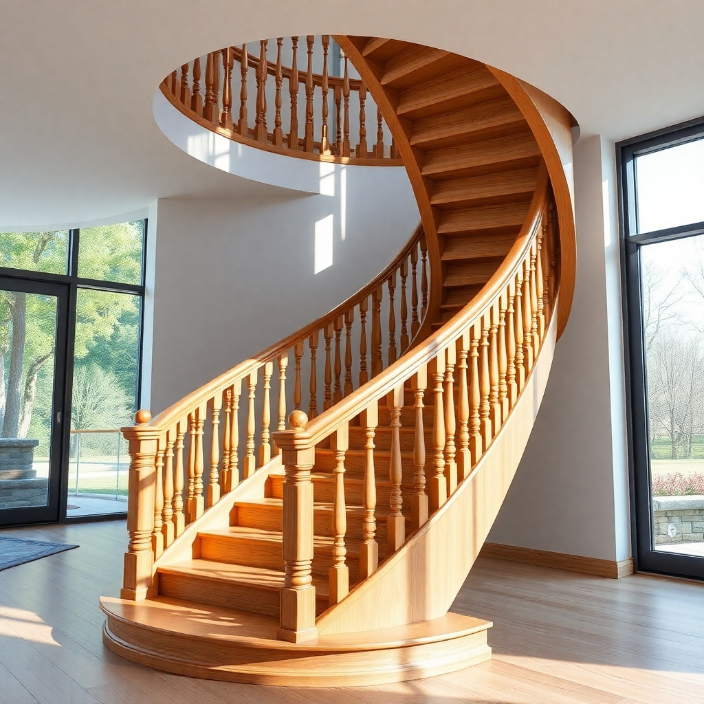A photorealistic image of a stunning, curved wooden staircase crafted from light oak, showcasing intricate balusters and a flawlessly smooth handrail. The staircase should be installed in a bright, modern home with large windows, highlighting the craftsmanship and integration into a contemporary design. The image should emphasize the flow and elegance of the curve.