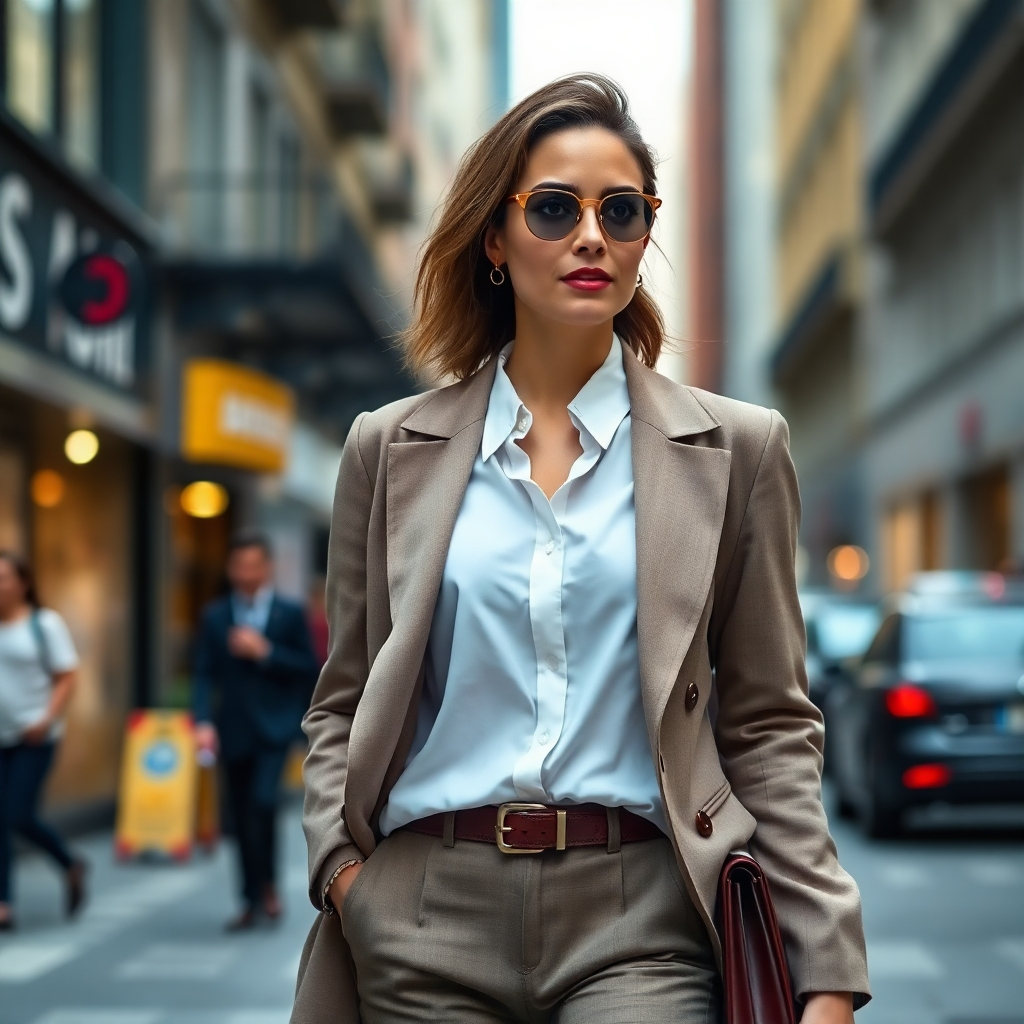 A photorealistic image of a stylish woman confidently walking down a city street, showcasing her unique personal style which is a blend of classic, minimalist and modern elements.  The clothing should be high-quality and well-fitted, with a variety of textures and colors that complement each other. The background should be a bustling city street with a slightly blurred effect to focus on the woman. The lighting should be natural and well-balanced.