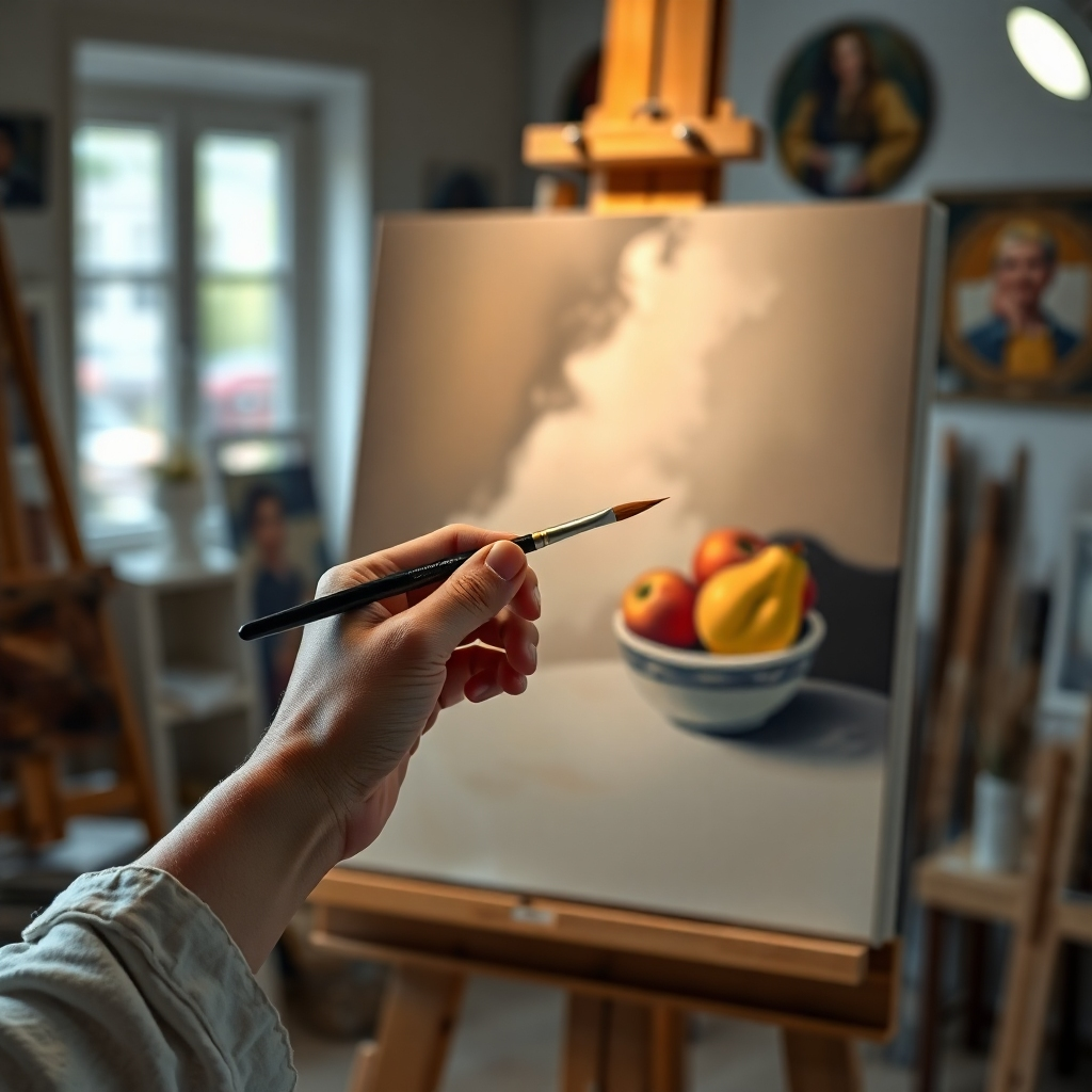 A photorealistic image of a still life painting in progress, showing the artist's hand holding a brush.  The background should be a well-lit artist's studio, and the composition of the still life painting should demonstrate the principles of visual balance and emphasis, such as the rule of thirds or a clear focal point.  The painting style should be visible and appealing.
