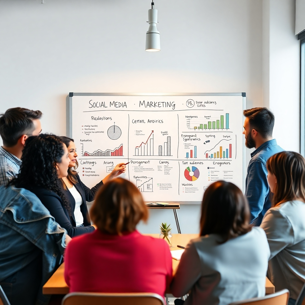 A photorealistic image of a team brainstorming around a whiteboard filled with social media marketing strategies, graphs showing engagement, and target audience demographics. The team should be diverse and engaged, with a positive and collaborative atmosphere. The whiteboard should be clean and organized, with clear visuals and data representations.  The overall lighting should be bright and natural, creating a clean and professional look.