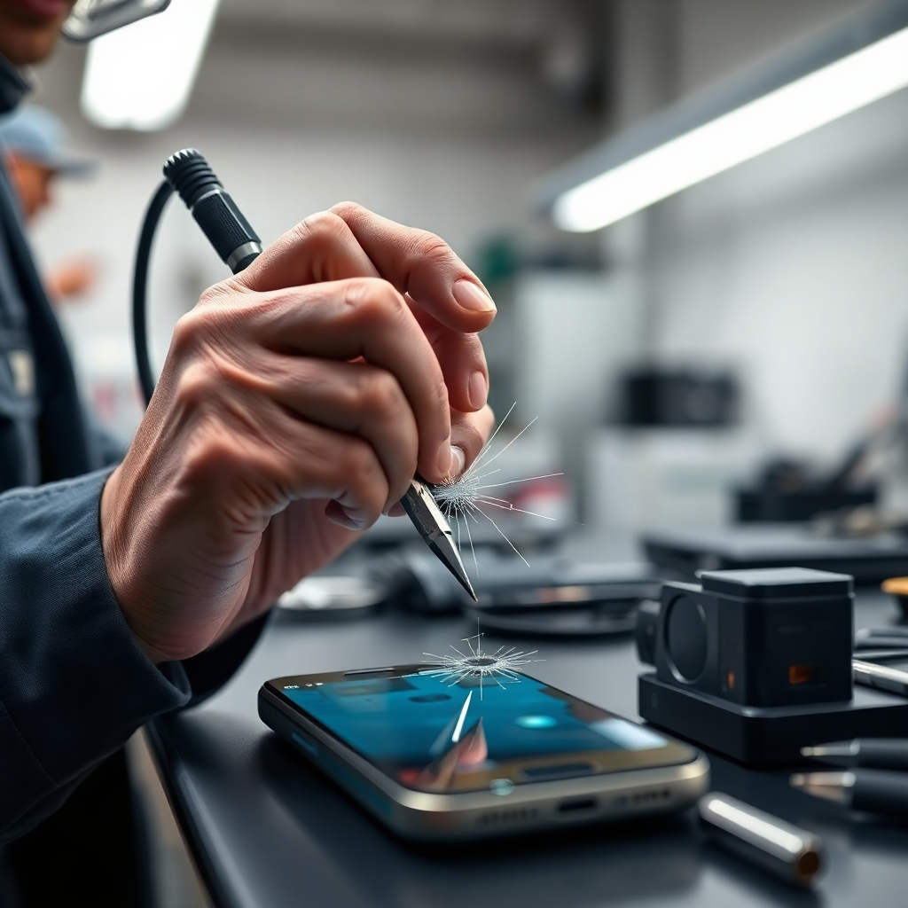 A photorealistic image of a technician expertly replacing a cracked phone screen with precision tools in a clean, well-lit repair shop. The focus should be on the technician's hands and the tools, with a blurred background of other repair equipment and a partially visible phone. The image should evoke a sense of professionalism and efficiency.