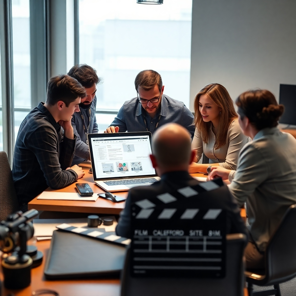 A photorealistic image of a team huddled around a table, reviewing a storyboard and shot list on a laptop, with a film clapperboard and various props visible, set in a bright, modern office.