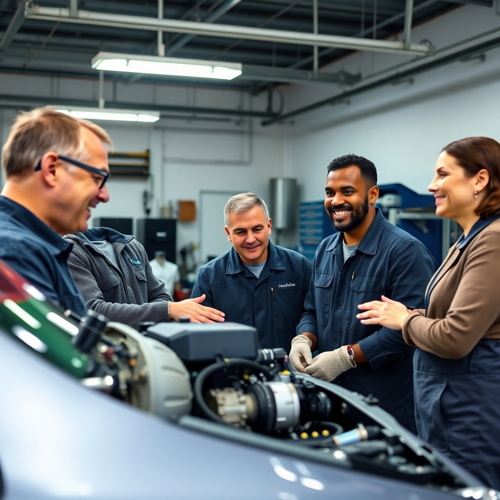 A photorealistic image of a team of three diverse mechanics working on a car engine in a clean, well-lit auto repair shop.  Tools are neatly organized, the mechanics are wearing uniforms, and one mechanic is explaining something to a customer who is looking on with a positive expression. The overall scene is bright, friendly, and professional.
