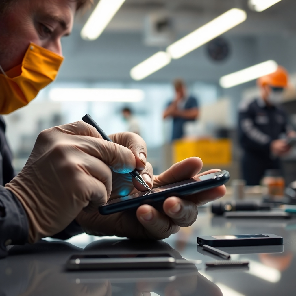 A photorealistic image of a technician expertly repairing a smartphone screen with small tools, in a clean and bright repair shop. The background should be blurred, focusing on the technician's hands and the phone. The image should convey speed and precision.