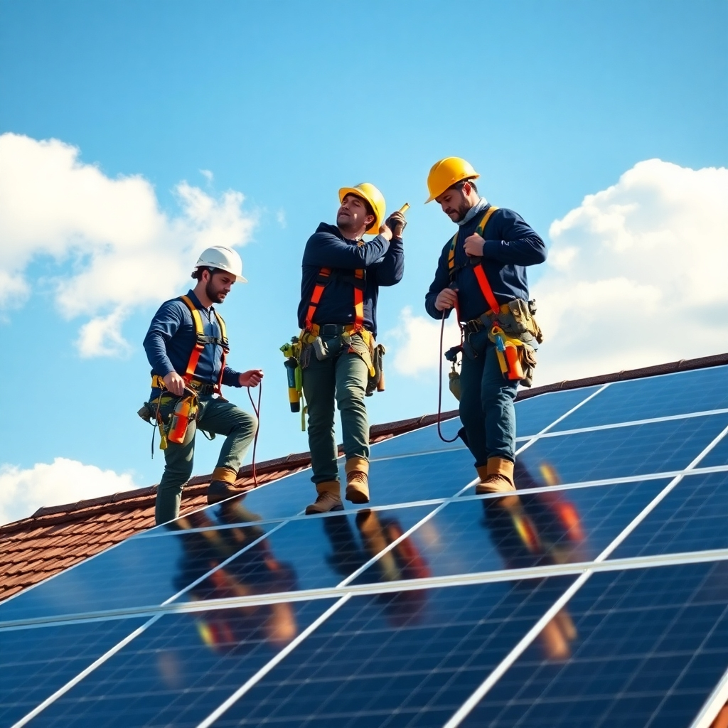 A photorealistic image of a team of two professionally dressed solar installers carefully installing solar panels on a residential roof on a sunny day.  The installers should be wearing safety harnesses and helmets, using specialized tools. The roof should be angled, and the panels should be neatly arranged and secured.  The background should show a clear blue sky with some fluffy clouds. The image should evoke a sense of professionalism and safety.