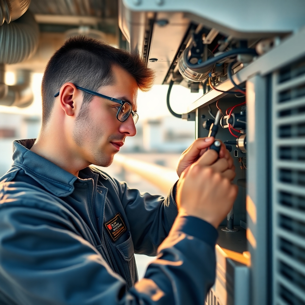 A photorealistic image of a technician meticulously inspecting an HVAC system's components, using professional tools.  The image should emphasize cleanliness and precision.  The background setting could be a well-maintained home or commercial HVAC unit, possibly a rooftop unit showcasing a clear and unobstructed view.