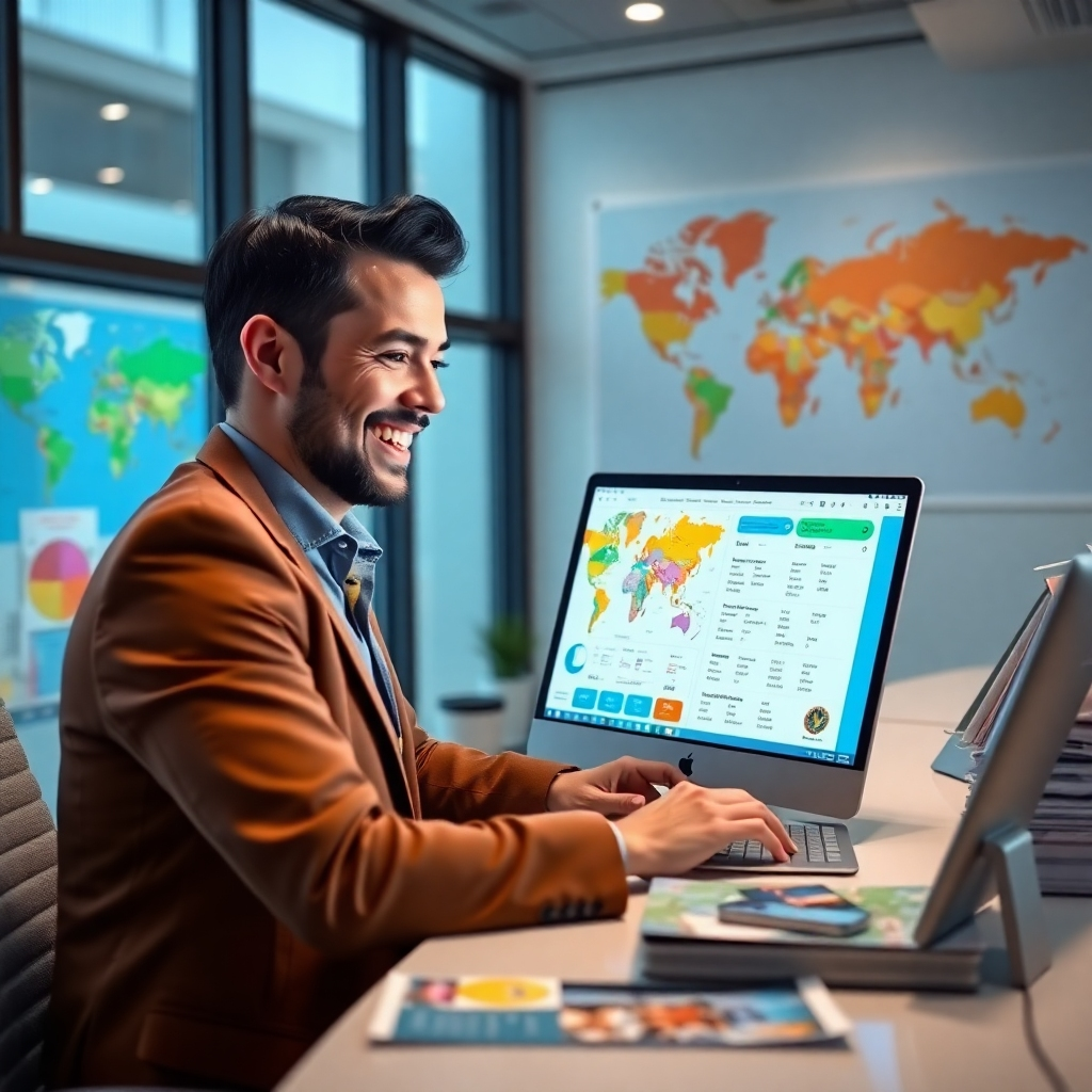 A photorealistic image of a travel agent smiling and looking at a laptop screen displaying a detailed travel itinerary with colorful maps and flight details, surrounded by travel brochures and world maps in a bright, modern office.