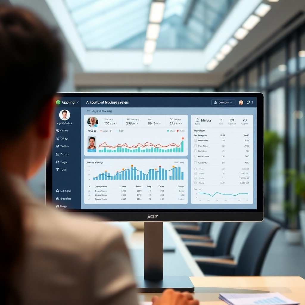 A photorealistic image of a user-friendly, intuitive digital dashboard displaying a centralized applicant tracking system.  The screen showcases applicant profiles, progress through the hiring pipeline, communication logs, and key metrics such as time-to-hire.  The background should be a subtly blurred modern office space, emphasizing the system's usability and efficiency. High resolution, detailed, sharp focus.