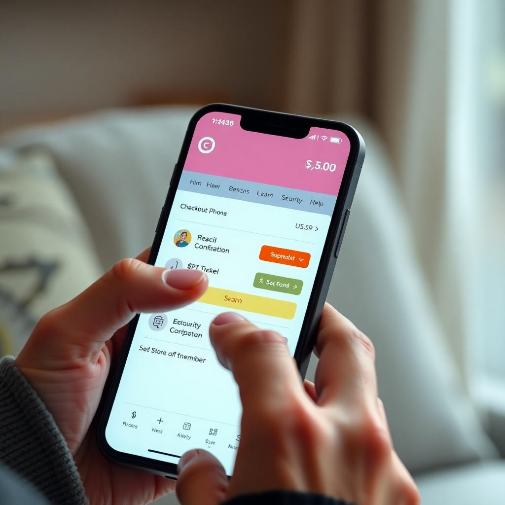 A photorealistic image of a user's hand smoothly completing a purchase on a user-friendly online store checkout page on a smartphone. The screen should display clear payment options, progress indicators, and security badges.  The background should be subtly blurred, suggesting a comfortable, everyday setting.
