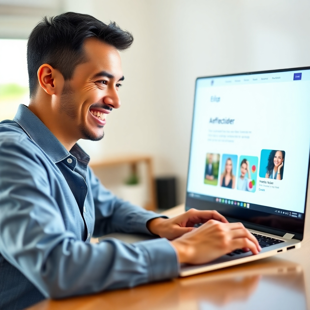 A photorealistic image of a user smiling while interacting with a website on a laptop. The website should feature a visually appealing design with smooth animations, clear typography, and easy-to-understand navigation. The image should be bright and airy, emphasizing the positive user experience. The background should be subtly present, focusing attention on the user's interaction with the clean and elegant website interface.  The user's expression should clearly indicate positive feelings about the website's usability.