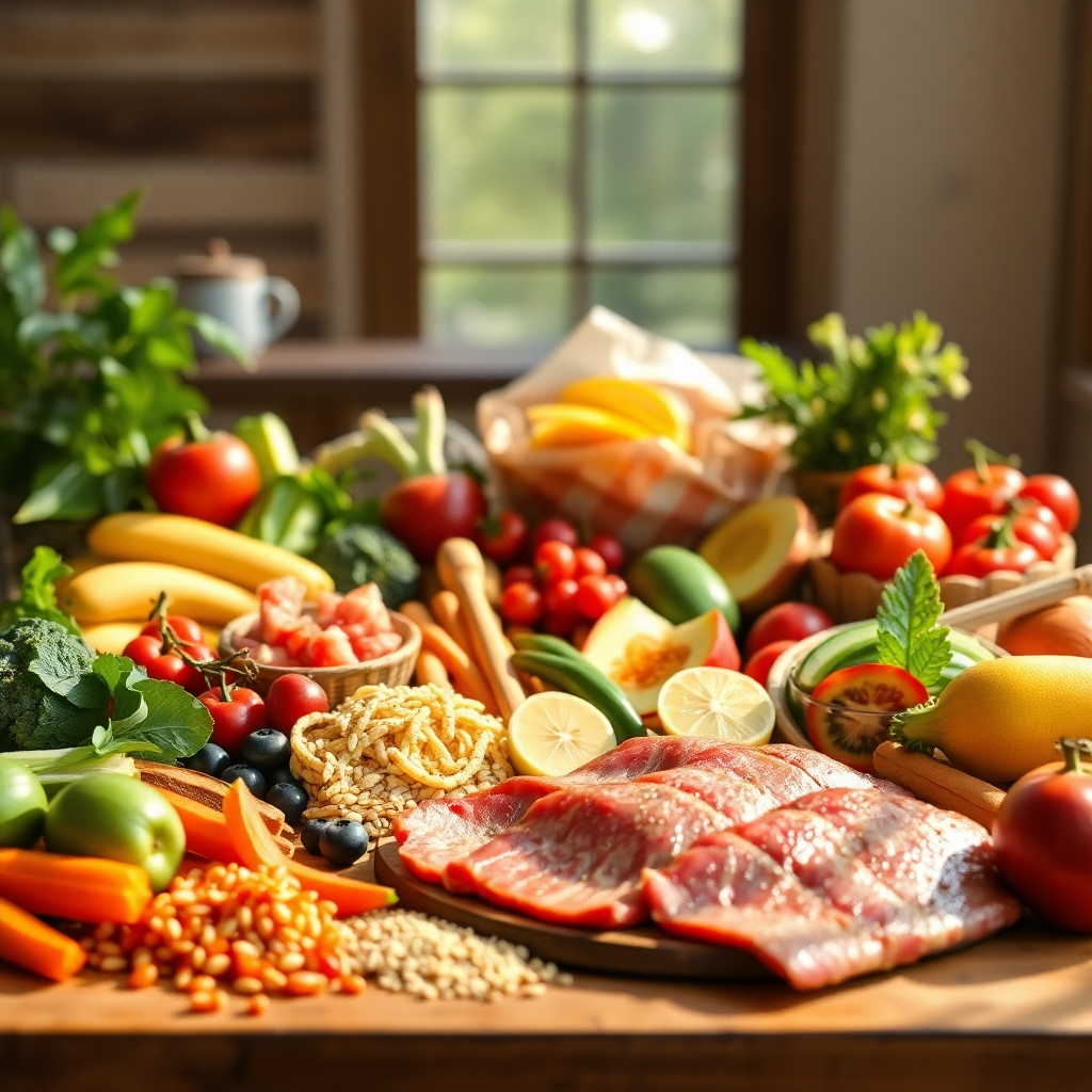 A photorealistic image of a vibrant and colorful spread of fresh, healthy food – fruits, vegetables, whole grains, and lean protein – arranged beautifully on a wooden table, bathed in warm, natural light. The image should evoke feelings of health and abundance. High resolution, detailed, vibrant colors, shallow depth of field, natural lighting