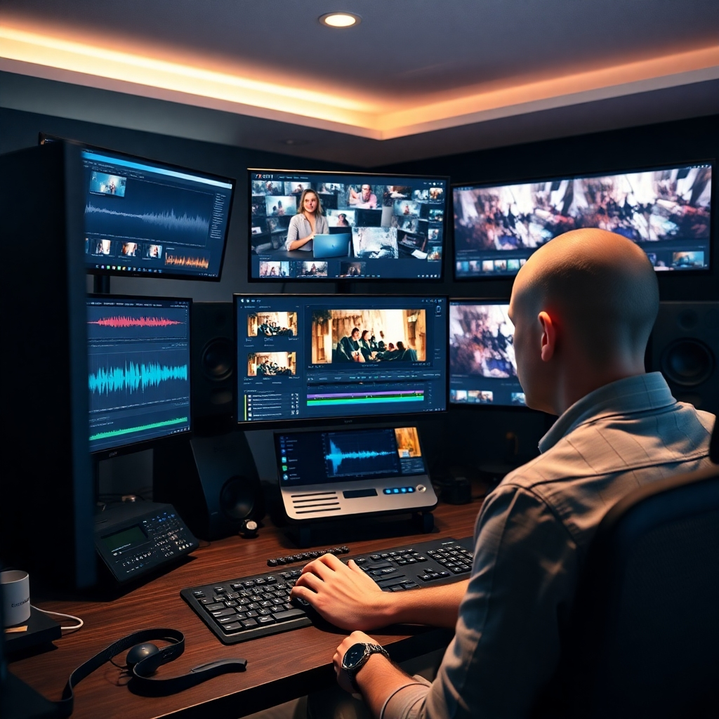 A photorealistic image of a video editor focused on a computer screen, surrounded by multiple monitors displaying various video clips, audio waveforms, and editing tools. The room should have a creative, modern vibe, showcasing a sophisticated editing setup with professional software.
