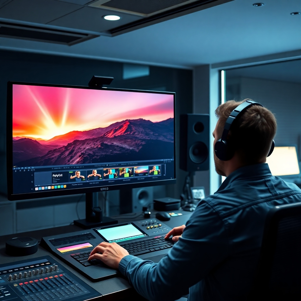 A photorealistic image of a video editor working on a high-resolution monitor in a professional editing suite. The monitor displays a vibrant, cinematic video with sharp detail and smooth motion.  The room should be modern and well-lit, suggesting a creative and professional environment.  The editor should be focused on their work, with subtle details showcasing the complexity of video editing, such as color grading tools, audio mixing software, and various editing panels. The overall feeling should be one of precision, creativity, and expertise.