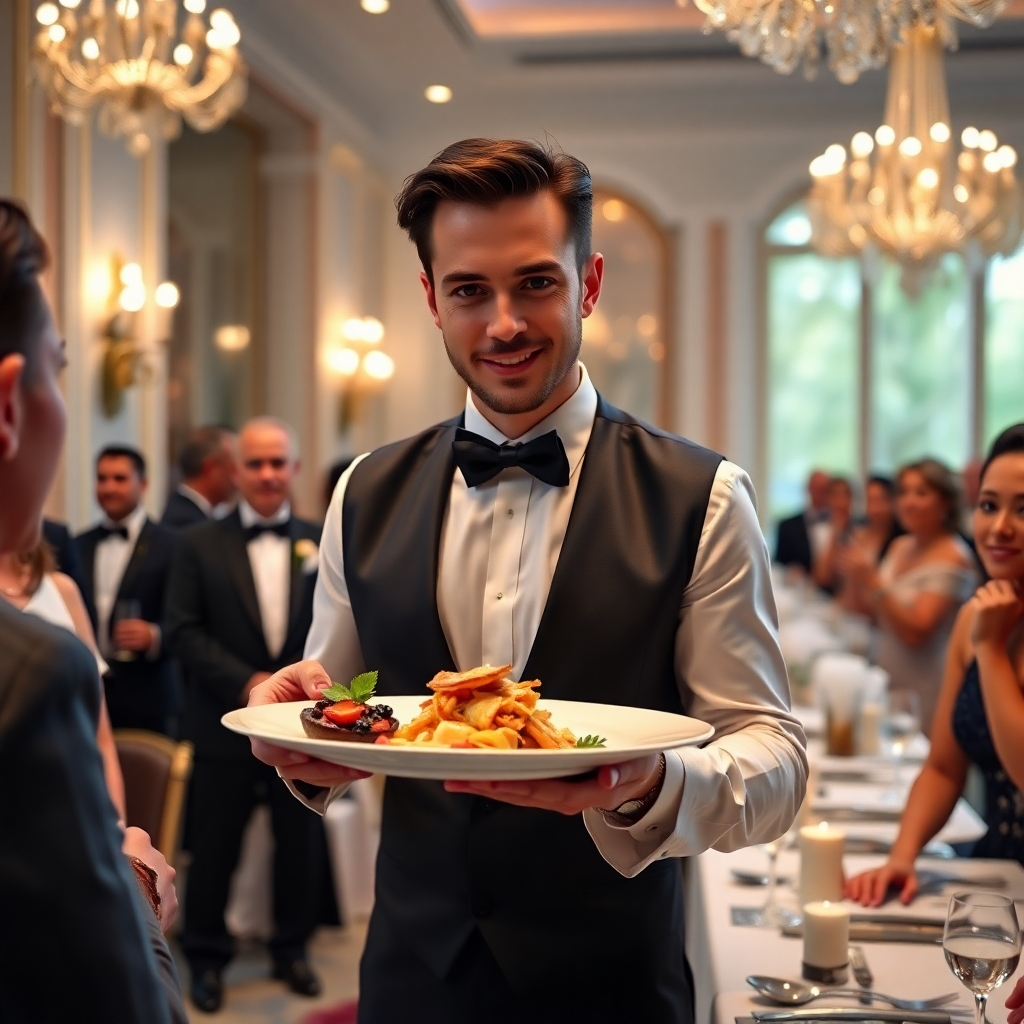 A photorealistic image of a waiter gracefully serving a beautifully plated dish to elegantly dressed guests at a sophisticated event. The background should be a luxuriously decorated venue with soft lighting, highlighting the impeccable service and elegant presentation.