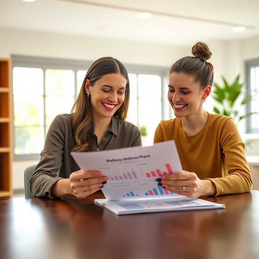 A photorealistic image of a wellness consultant smiling warmly and engaging with a client. They are sitting at a table, reviewing a personalized wellness plan together; the plan should be visually appealing and feature charts and graphs.  The setting is a bright, modern office with natural light streaming in. The mood is positive, collaborative, and supportive.  High resolution, detailed, vibrant colors.