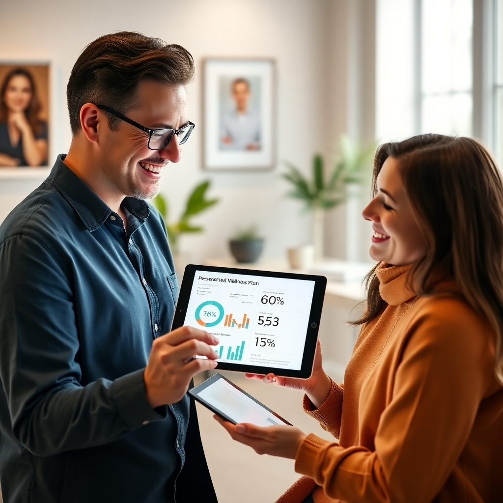 A photorealistic image of a wellness consultant smiling warmly and engaging with a client, both looking at a digital tablet displaying a personalized wellness plan, with charts and graphs. The setting should be a clean, modern, and calming office.