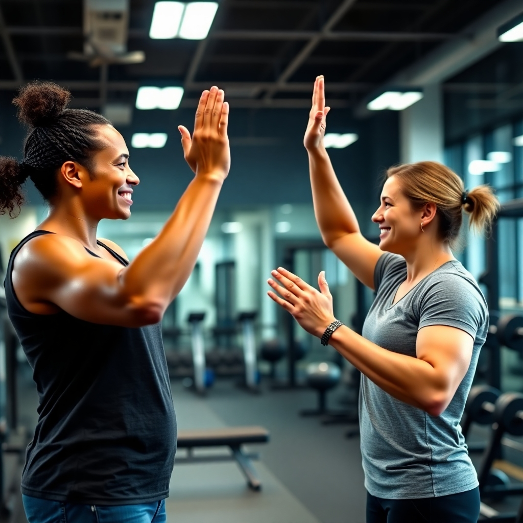 A photorealistic image of a wellness consultant and a client high-fiving, both smiling and looking happy and accomplished, in a brightly lit gym setting.  Weights and fitness equipment are subtly present in the background.