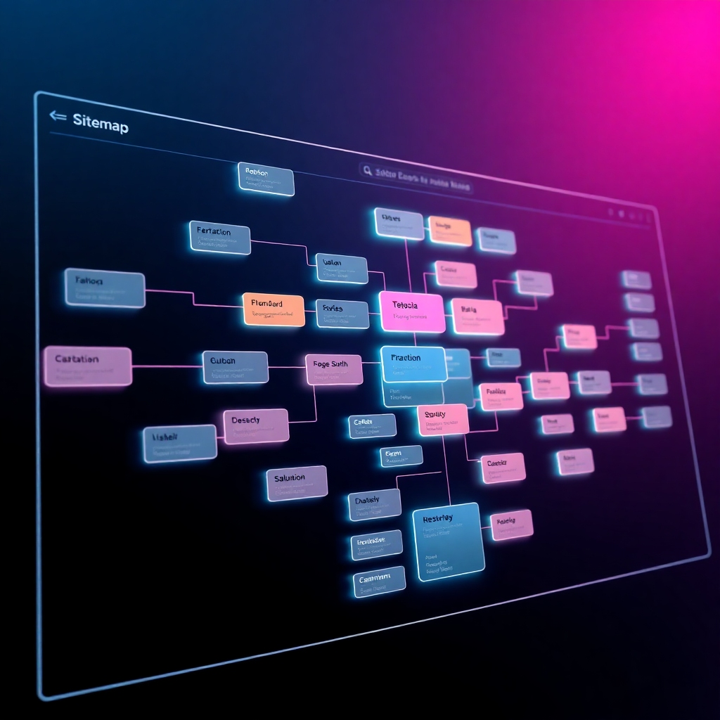 A photorealistic image of a website's sitemap visualized as a clean, modern, and interactive 3D interface. The sitemap should be visually appealing, using vibrant colors and clear typography to represent different sections and pages.  Use a futuristic, sleek design to highlight the importance of effective organization in UI/UX design. The image should emphasize clarity and logical flow.