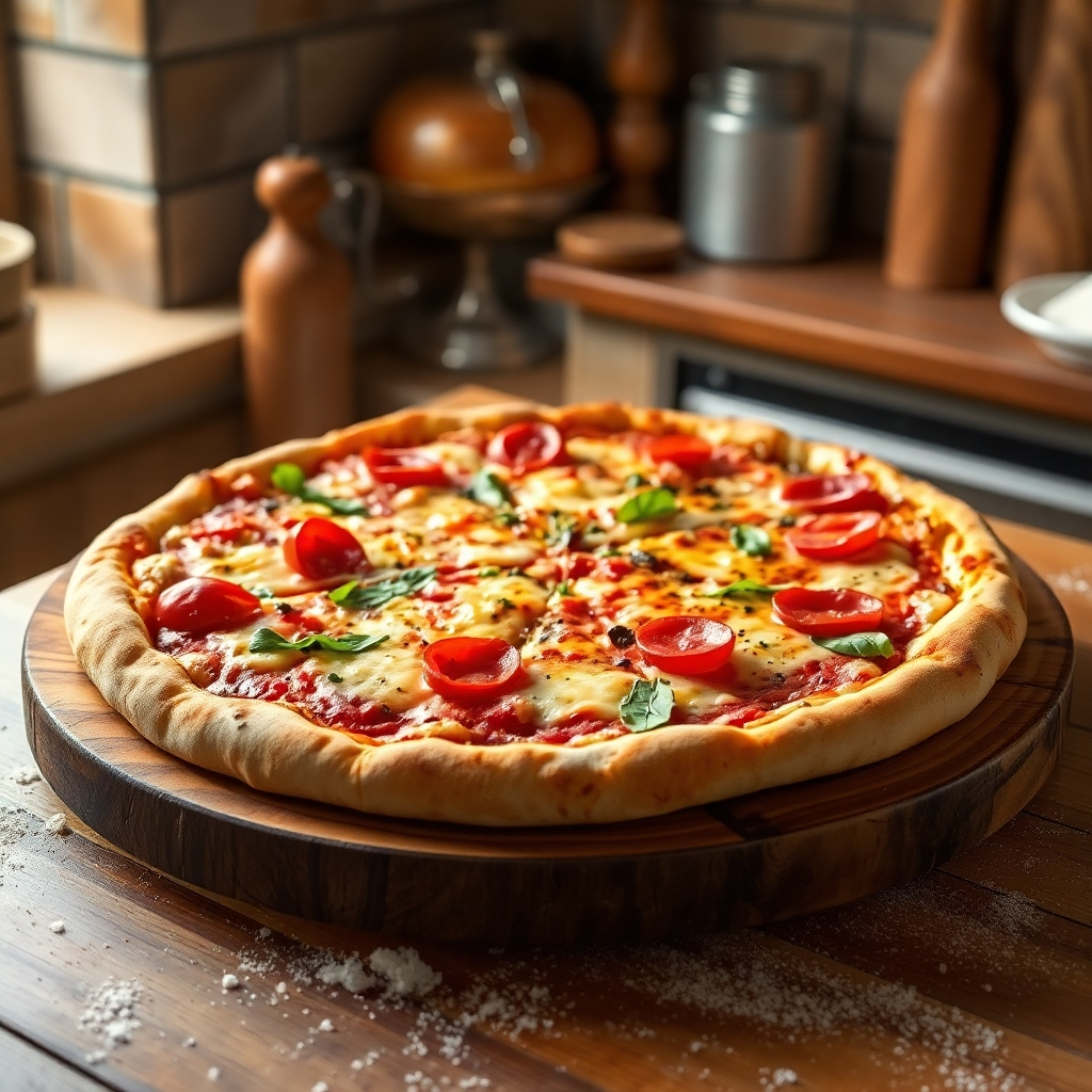 A photorealistic image of a whole pizza, freshly baked and served on a rustic wooden board. The pizza should have a variety of toppings, including cheese that is slightly melted and bubbly.  Steam gently rising from the pizza. Set in a warm, inviting kitchen setting, possibly with some flour dusting the counter. Style: Photorealistic