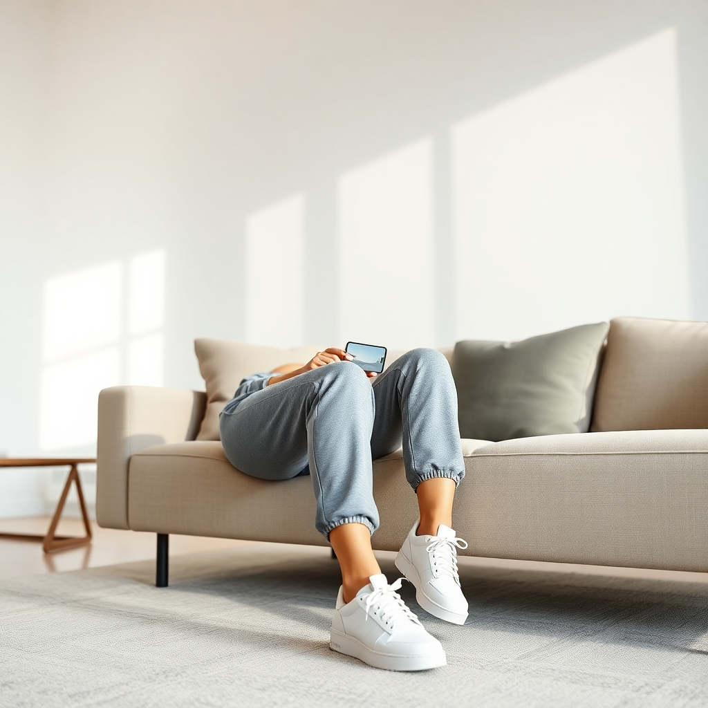 A photorealistic image of a woman sitting in a modern minimalist living room, looking effortlessly stylish.  She's wearing a high-quality gray athletic set, paired with crisp white sneakers and fine gold jewelry. The background is clean and simple with natural lighting, creating a feeling of relaxed elegance.