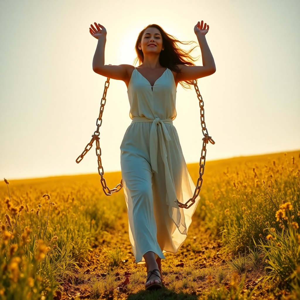 A photorealistic image of a woman breaking free from chains made of negative thoughts, such as 'I'm not good enough', 'I can't do it', and 'I'm a failure'. She is standing in a bright, sunlit field, radiating confidence and freedom. The chains are dissolving into golden light as she walks towards a bright future.