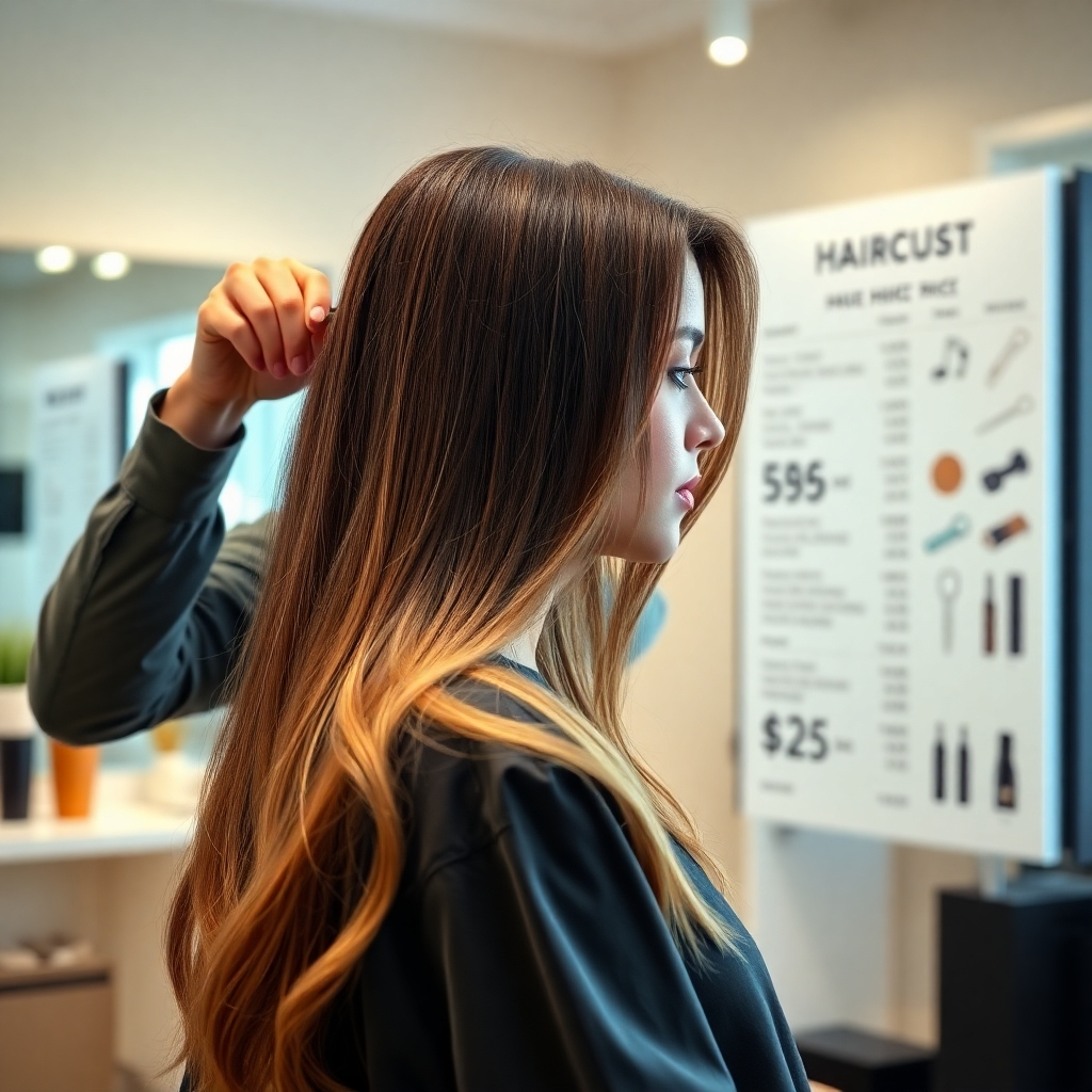 A photorealistic image of a woman getting a haircut at a salon. The stylist is carefully cutting her hair, and the scene should be bright and airy with modern decor. The woman should have long, flowing hair, and the stylist should be focused on their work. Include a price list subtly in the background, showing different price points for varying haircut styles.