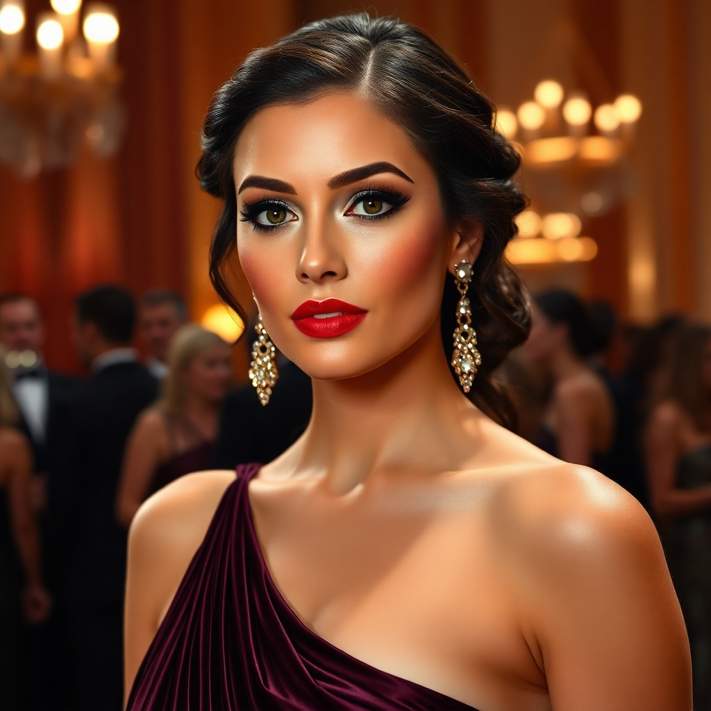 A photorealistic image of a woman in a glamorous evening gown, with expertly applied makeup suited for a red-carpet event.  High-definition, detailed makeup including dramatic eyes, contoured face, and a bold lip color.  The background should be a sophisticated event setting.