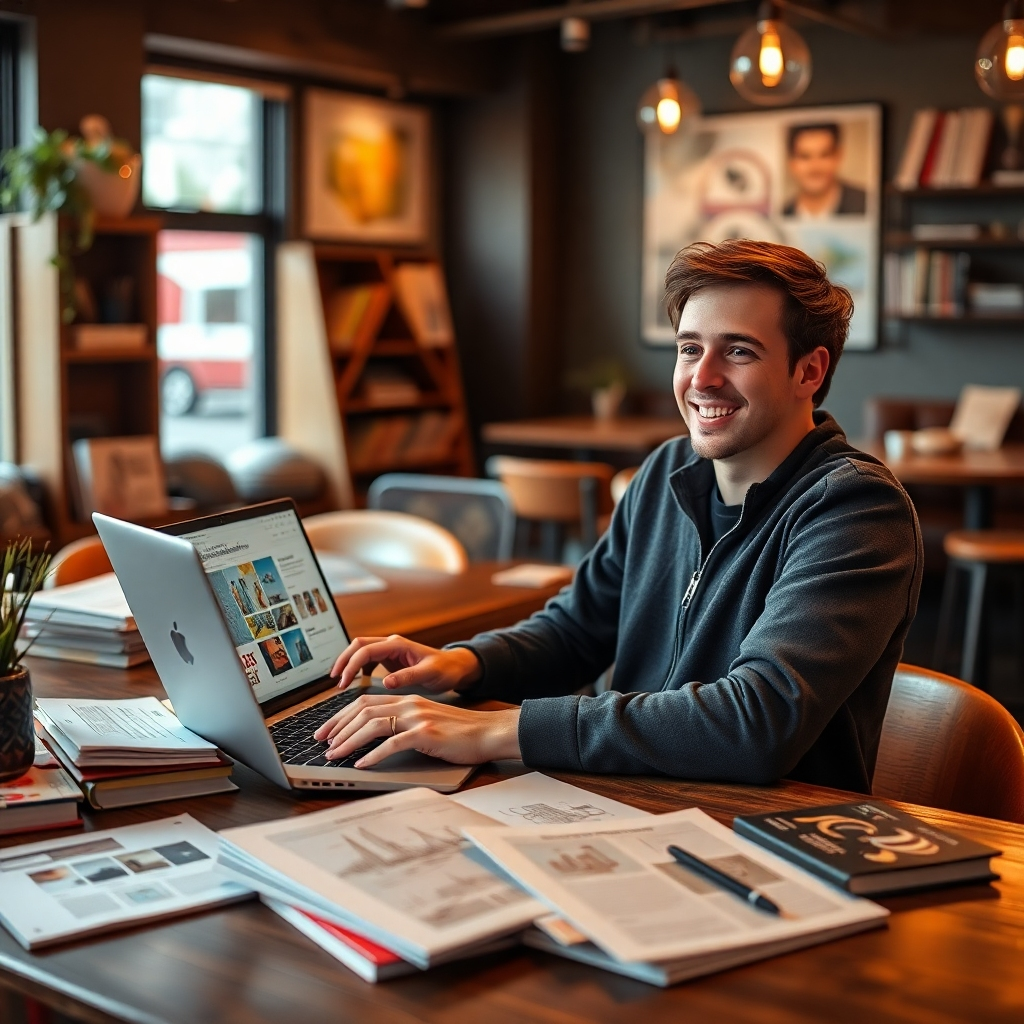 A photorealistic image of a young, happy graphic designer working on a laptop at a coffee shop, surrounded by design books and sketches.  The laptop screen should display a vibrant and creative design.  Natural lighting, warm color tones.  The overall feeling should be one of freedom and independence.