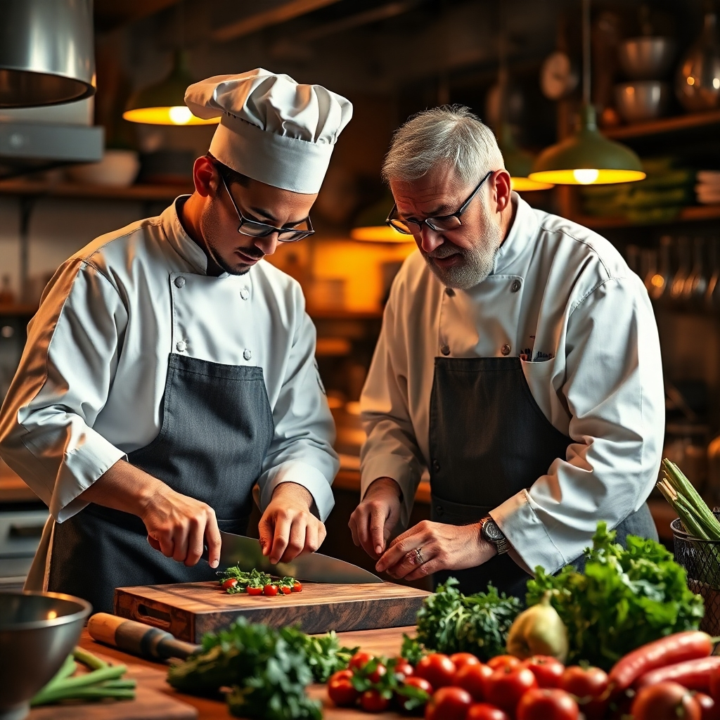 A photorealistic image of a young, determined chef meticulously chopping vegetables alongside an older, experienced chef in a bustling, traditional kitchen. The lighting should be warm and inviting, emphasizing the mentor-mentee dynamic and the focus on precise knife skills. Include details like worn wooden cutting boards, gleaming stainless steel, and various fresh vegetables and herbs.
