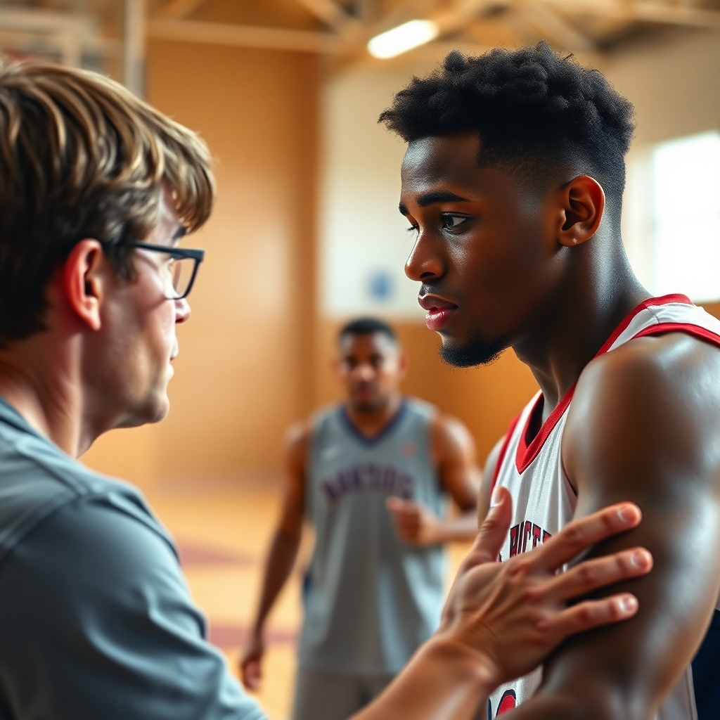A photorealistic image of a young athlete intensely focused during a one-on-one coaching session, receiving personalized instruction on proper basketball free-throw technique.  The background should be a brightly lit indoor basketball court, showcasing detailed close-up of the athlete's form and the coach's attentive guidance. High definition, sharp focus, and natural lighting are essential.