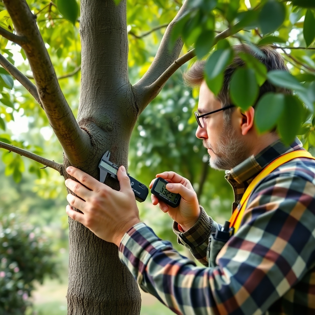 A photorealistic image of an arborist using advanced tools and technology to assess the health of a tree.  The image should include close-ups of the arborist checking the tree's bark, branches, and leaves. The arborist should be using tools like a digital caliper for measuring branch diameter and a soil testing kit to analyze soil conditions around the tree.  The background should be a lush garden or park setting.  The image should convey a scientific and detailed approach to tree health assessment.