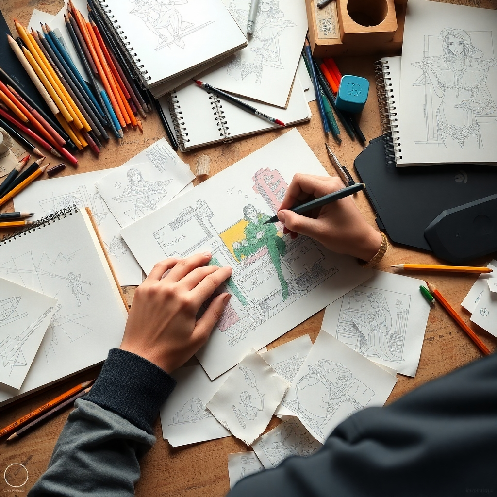 A photorealistic image of an artist's workspace, filled with sketchbooks, pencils, paintbrushes, and digital tablets.  The artist's hand is sketching a vibrant concept illustration, with various discarded sketches surrounding it, showcasing the iterative process of idea development. The overall lighting is soft and natural, highlighting the texture of the materials and the detail in the sketches. The style should be similar to a documentary photograph focusing on the creative process.