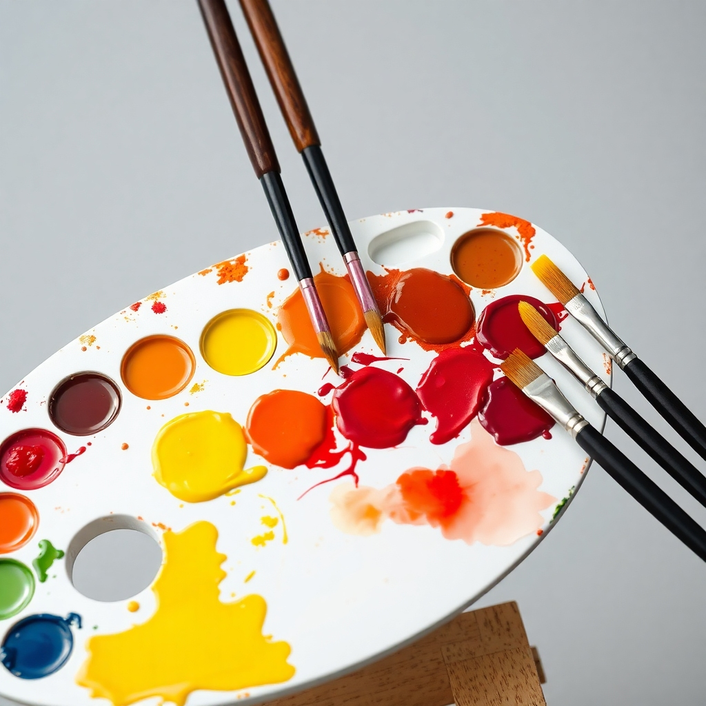 A photorealistic image of an artist's palette with a variety of vibrant oil paints, meticulously arranged, showcasing a clear color wheel and complementary color pairings.  The background should be a soft, neutral gray, highlighting the colors. Include paintbrushes and a clean canvas.