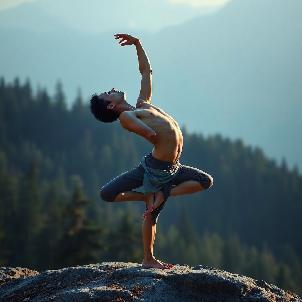 A photorealistic image of an experienced yogi gracefully performing a challenging arm balance pose, such as a crow pose or side crow pose. The background is a serene, natural setting like a forest or mountain peak, creating a sense of tranquility and harmony. The lighting should be soft, emphasizing the yogi's form and the connection with nature. High level of detail in the pose is needed, including muscle definition and precise hand and foot placement.