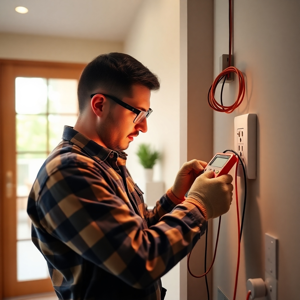 A photorealistic image of an electrician meticulously using a digital multimeter to test a faulty electrical outlet in a modern home, with wires and tools neatly arranged around him. The electrician should be wearing safety glasses and gloves, and the scene should be well-lit and detailed, focusing on the precision of the work.