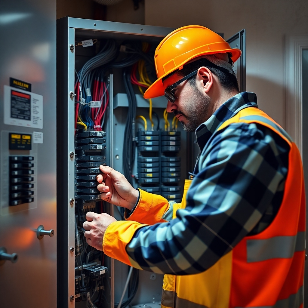 A photorealistic image of an electrician performing a thorough inspection of an electrical panel in a residential building. The image should emphasize the electrician's careful examination of the wiring, breakers, and other components.  The electrician should be wearing safety gear, and the scene should depict a clean and organized workspace.