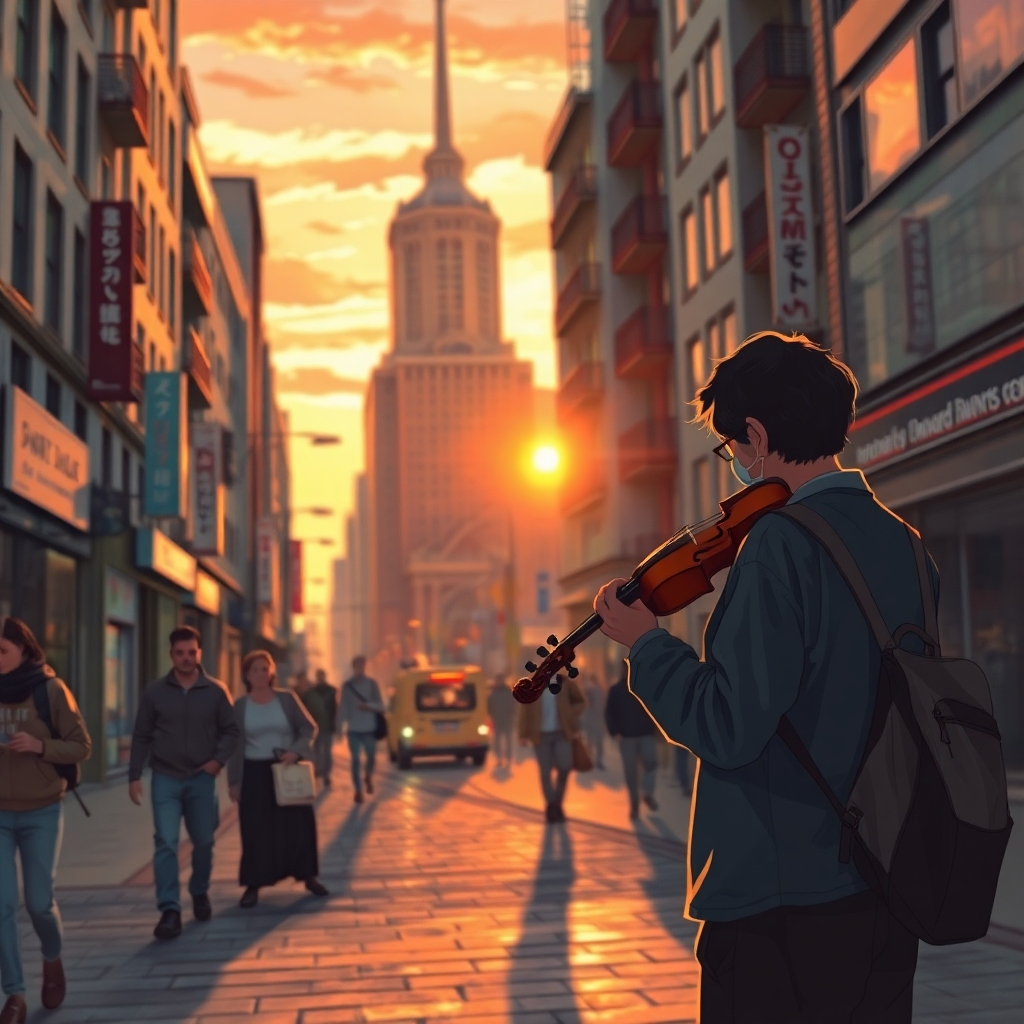 A photorealistic image of an illustration depicting a bustling city street at sunset; the composition uses the rule of thirds and leading lines to draw the viewer's eye towards a central figure, a lone street musician playing a violin; the image conveys a story of solitude and urban life with a sense of depth and atmosphere; the image is richly detailed and emotionally evocative; attention to detail is high with the textures of buildings, clothes, and the musician's instrument.
