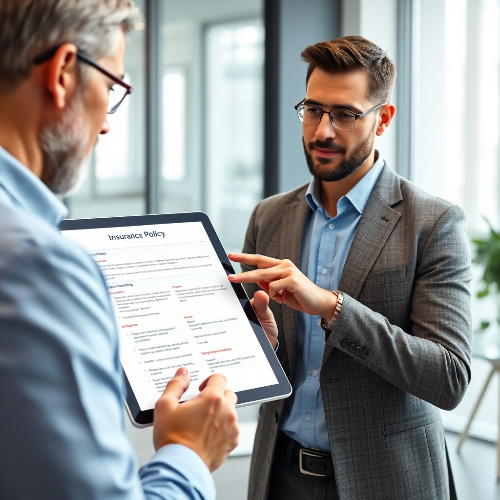 A photorealistic image of an insurance broker using a digital tablet to show a client a detailed breakdown of an insurance policy. The tablet screen should clearly display policy highlights and key features, while the broker points out specific details. The client should have a thoughtful expression, indicating engagement and comprehension. The background should be a clean and professional office environment.