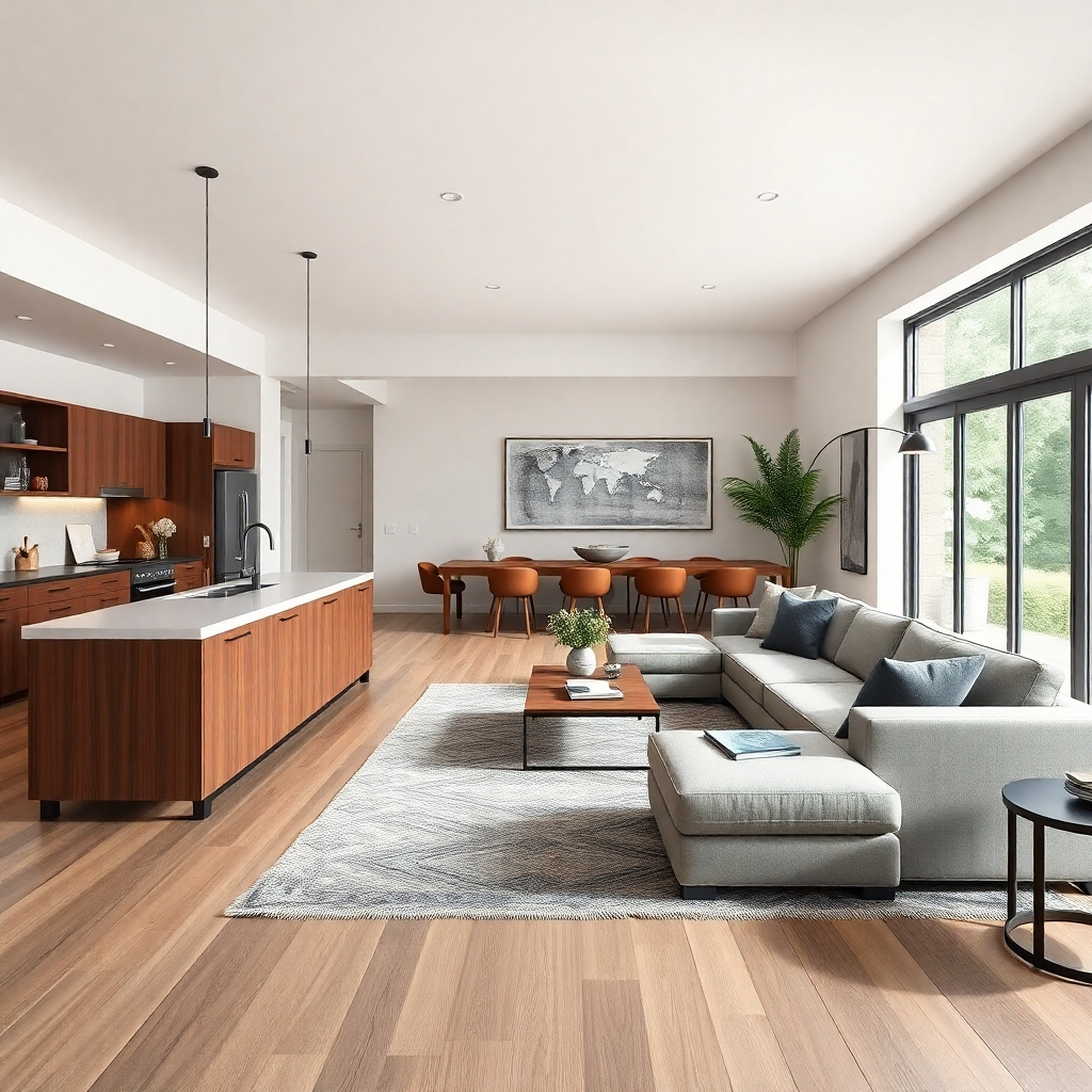 A photorealistic image of an open-plan kitchen and living area where furniture is arranged to create a seamless flow between the two spaces. The kitchen island acts as a natural divider, while the seating area is clearly defined with a rug and sofa arrangement. The image should showcase a feeling of spaciousness and efficient use of space.