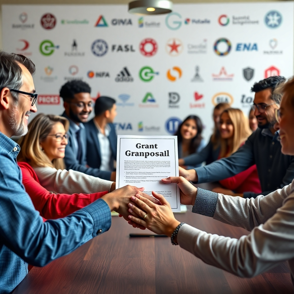 A photorealistic image of diverse people from various organizations shaking hands around a table, with a grant proposal document placed at the center. The background should subtly include logos of the collaborating organizations, showcasing a united front.