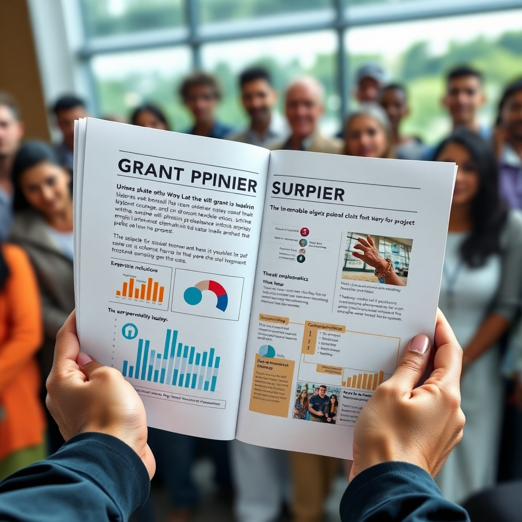 A photorealistic image of hands holding a grant proposal document; the page shows impactful visuals, charts, and a compelling story, conveying the project's significance. The background should subtly feature a diverse group of people benefiting from the project.