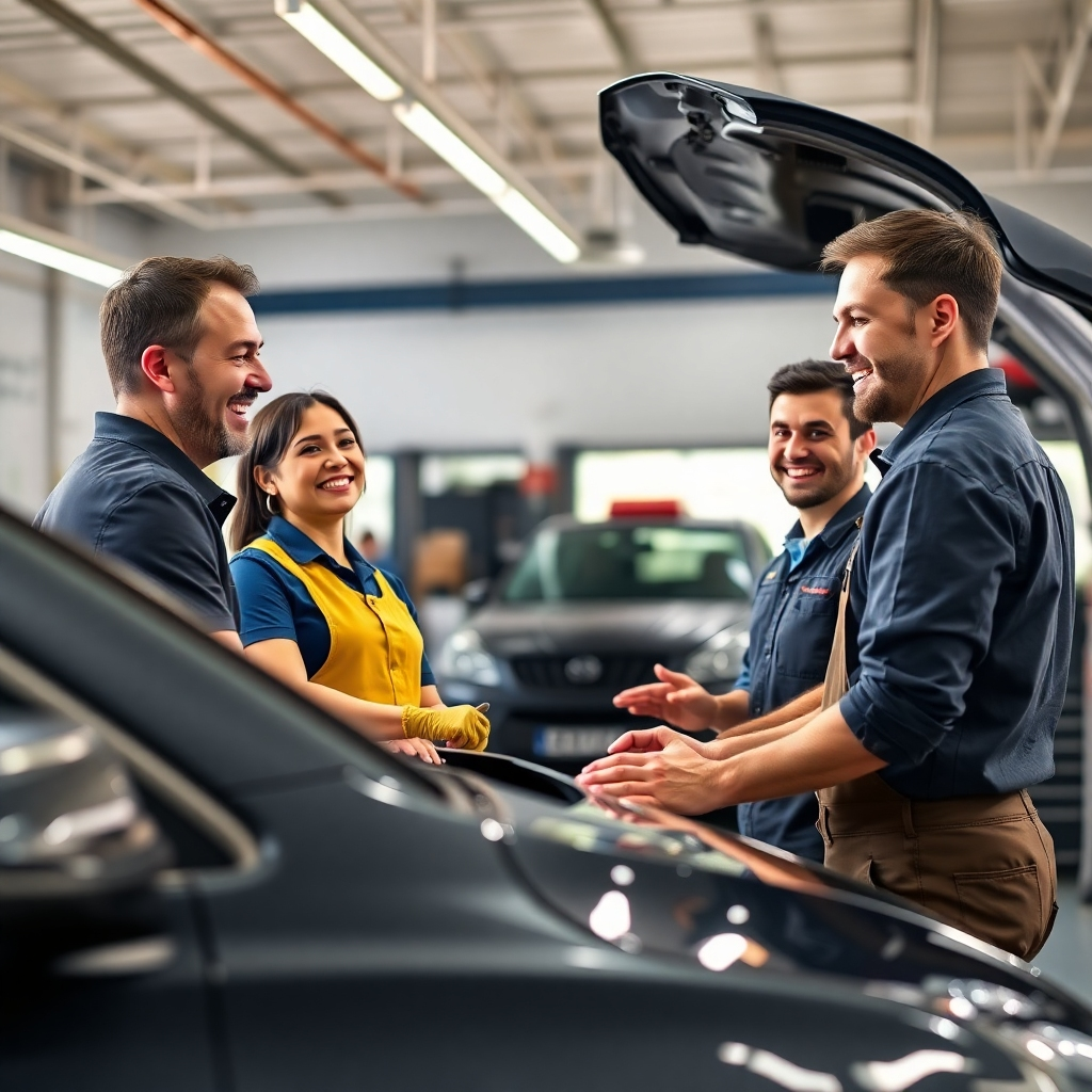 A photorealistic image of happy customers receiving their repaired car from friendly mechanics in a clean and professional auto repair shop.  The overall mood should be cheerful and positive, conveying satisfaction and trust.