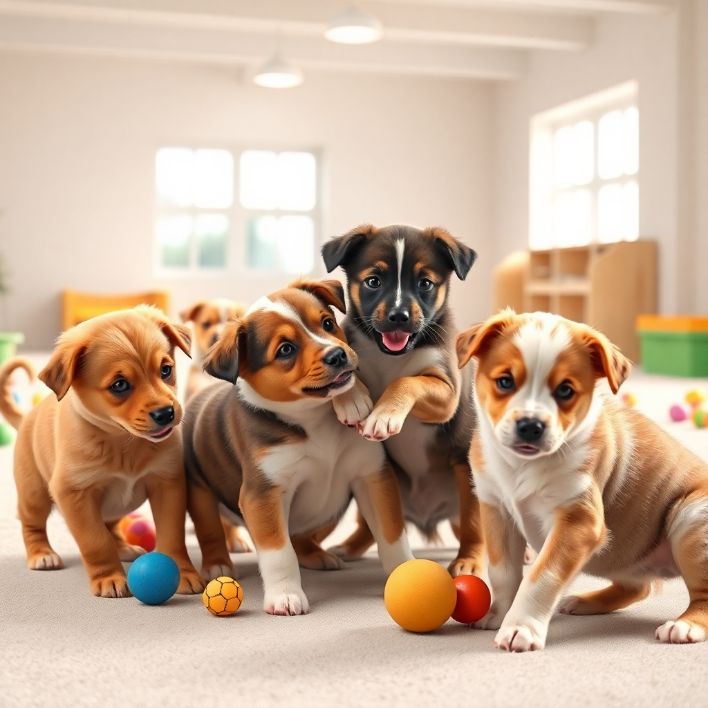 A photorealistic image, rendered in 8K resolution, of a group of puppies of different breeds playfully interacting in a brightly lit, spacious indoor play area. The lighting is soft and diffused, creating a gentle, welcoming atmosphere. The image should have a soft, pastel-like color palette. The puppies should be shown engaging in various playful interactions such as chasing, wrestling, and sniffing each other.   The texture of their fur should be highly detailed and lifelike, and their eyes should be expressive and full of life.  The background features colorful, chew-proof toys scattered around and soft, padded flooring. The environment is clean and safe. The camera angle should be slightly elevated, providing a comprehensive view of the playful interactions.  The overall style should resemble professional pet photography with a focus on capturing the charm and innocence of puppies. The image should invoke feelings of joy, playfulness, and warmth. The image should emphasize the importance of early socialization and positive interactions for healthy development.