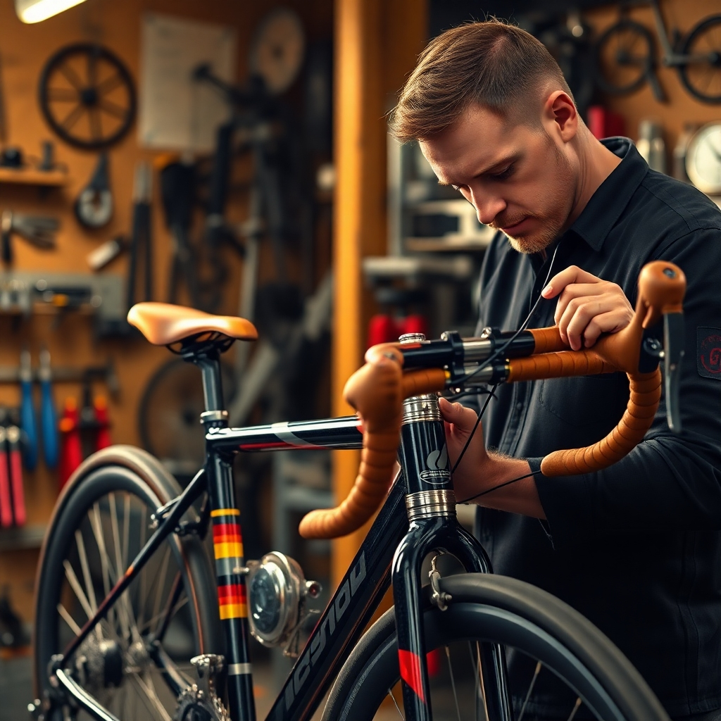 A photorealistic image, rendered in 8K resolution, depicting a bike mechanic meticulously assembling a custom-built bicycle. The scene is bathed in warm, inviting light, with a soft, diffused glow that emphasizes the intricate details of the components and the mechanic's focused concentration. The color palette features rich, deep tones, with metallic accents and vibrant pops of color from the bicycle's frame and components. The camera angle is a slightly elevated, three-quarter perspective, providing a comprehensive view of the bike and the mechanic's workspace. The textures of the carbon fiber frame, leather grips, and polished metallic components are vividly depicted. The background includes various bicycle components, tools, and accessories, reflecting a professional and well-equipped workshop. The overall mood is one of precision, craftsmanship, and satisfaction. The style is inspired by the precise and detailed photography of automobile manufacturing, capturing the careful assembly of a high-end product. The image should be hyperrealistic and ultra-detailed, showcasing the level of care and skill involved in custom bike assembly.  The image should evoke a feeling of high-quality craftsmanship and bespoke personalization.