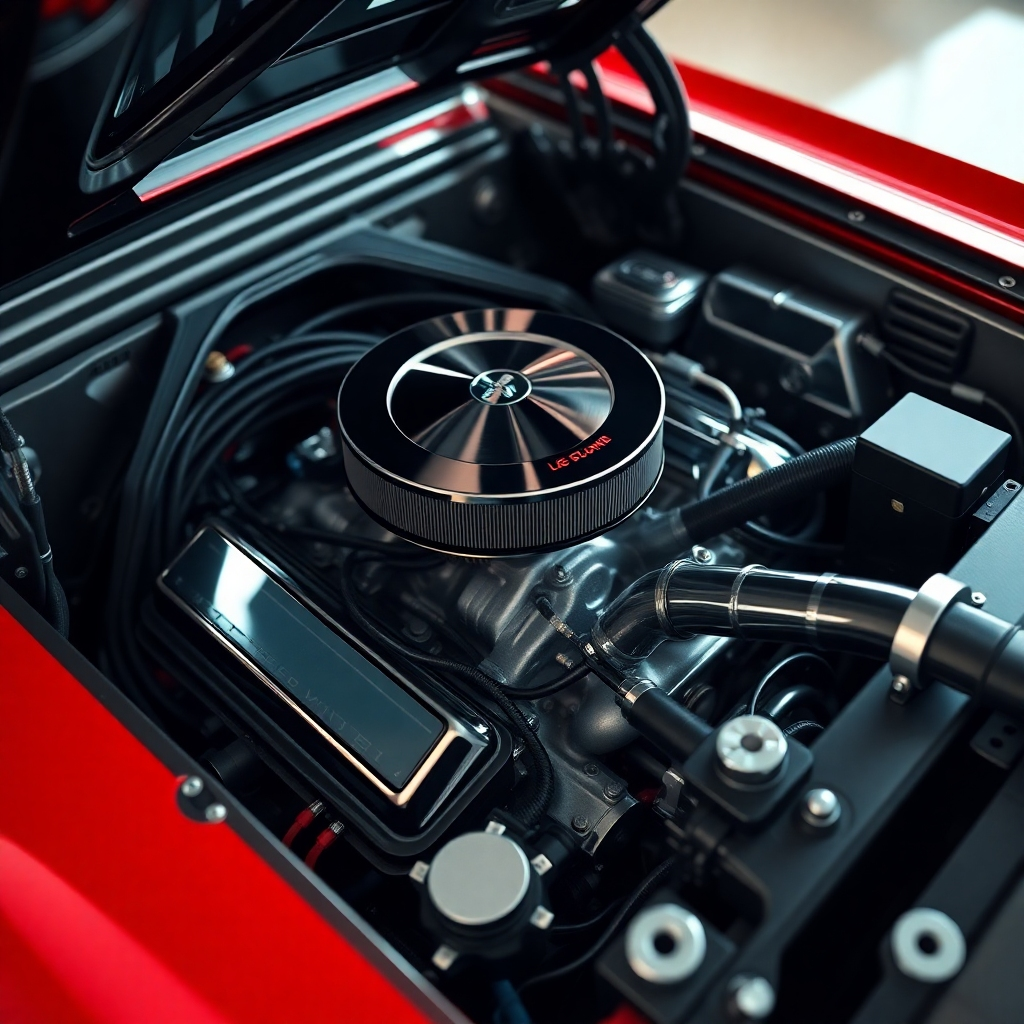 A photorealistic image, rendered in 8K resolution, showing a detailed close-up of a meticulously cleaned engine bay of a classic Ford Mustang.  The lighting should be bright but diffused, minimizing harsh shadows and highlighting the cleanliness of every component. The color palette is a blend of metallic greys, blacks, and subtle pops of color from engine components. The camera angle is slightly elevated, providing a comprehensive view of the engine bay. The image should emphasize the textures and details – the smooth surfaces of the polished metal, the intricate network of wires and hoses, and the contrast between the clean components and the dark, clean background. The overall mood should be one of precision and attention to detail.  The style should be inspired by high-end automotive detailing promotional photography, capturing the brilliance of a perfectly cleaned and protected engine bay.  Include small details, such as labels on fluids and wires. Aim for a hyperrealistic rendering with advanced depth of field effects.
