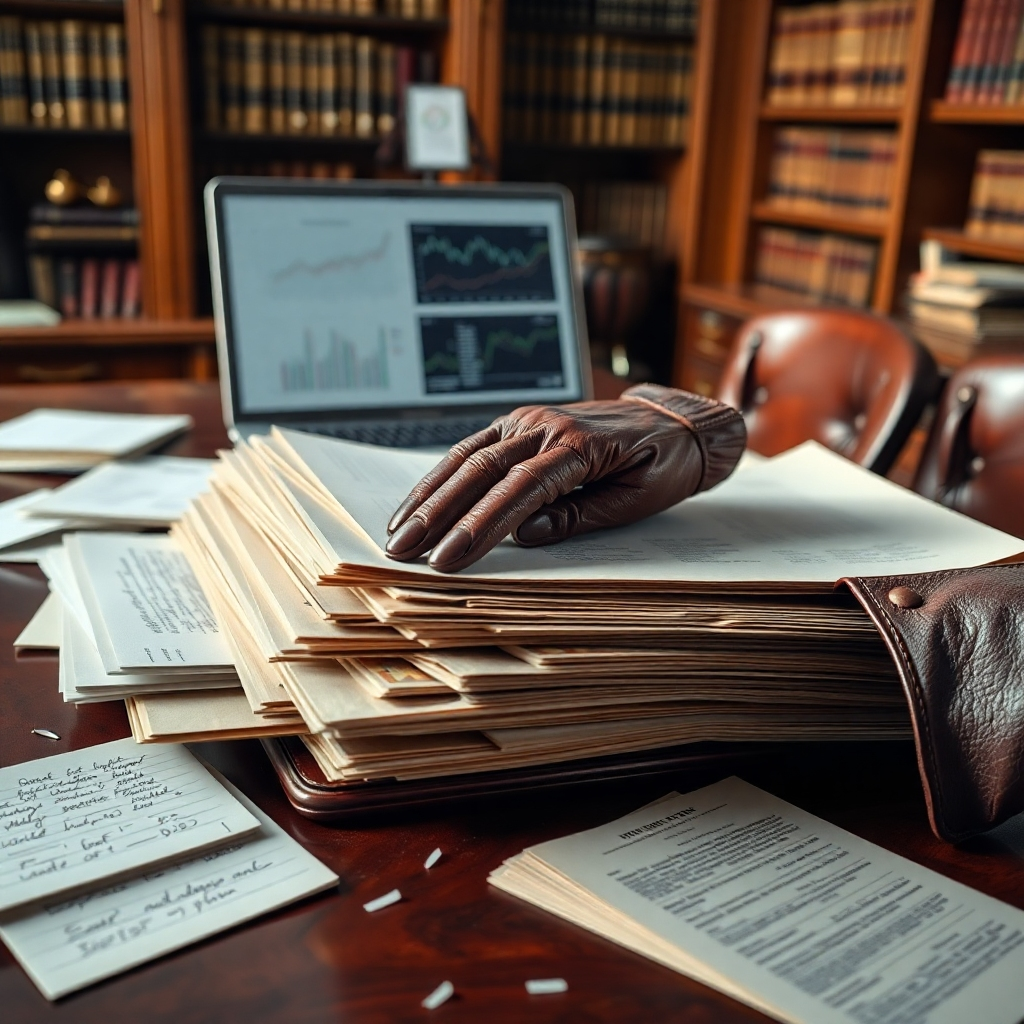 A photorealistic image, rendered in 8K resolution, depicting a private investigator's desk meticulously organized. Soft, diffused natural light illuminates the scene, highlighting the detailed textures of aged leather and polished wood.  The color palette is warm and inviting, consisting of rich browns, deep reds, and creams. The camera angle is a close-up, focusing on a pile of files and documents, with a half-visible laptop displaying complex data charts in the background. The documents are clearly visible, suggesting years of meticulous records.  The investigator's hand, wearing a leather glove, is gently reaching for a file.  The materials include aged leather, polished wood, and crisp, off-white documents.  Scattered legal pads with handwritten notes add to the impression of thorough research. The background includes bookshelves lined with legal and investigative texts. The style is inspired by the work of Dutch Masters in terms of its close attention to detail and realism.  A hyperrealistic rendering emphasizes minute details, such as the fibers in the leather, textures of papers, and intricate designs of the desk. The overall mood is professional, serious, and reassuringly detailed, conveying trust and expertise.