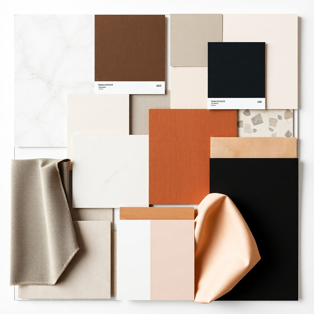A photorealistic image, rendered in 8k resolution, presenting a mood board showcasing various color palettes and material samples for an interior design project. The style should be clean and sophisticated, inspired by the work of architectural photographers such as Hélène Binet.  The image focuses on a close-up view of the mood board, featuring a curated collection of fabric swatches, paint chips, wallpaper samples, and stone/tile samples.  The lighting is soft and diffused, preventing harsh shadows and creating an even and harmonious presentation. The color palettes are inspired by nature, utilizing a range of earthy tones, neutrals, and accent colors.  Textures are carefully chosen and shown to emphasize their feel and quality:  smooth marble, rough-hewn wood, luxurious velvet, and delicate silk. The mood board is arranged thoughtfully, emphasizing the cohesiveness of the design elements. The image should convey a sense of elegance and sophistication, reflecting the high-quality materials and the expert selection process.