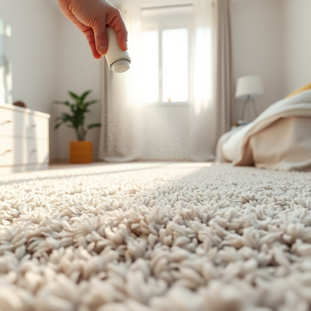 A photorealistic image, rendered in 8K resolution, depicting a close-up of a professional carpet deodorizer being applied to a light-grey, thick pile carpet in a sunlit bedroom. The deodorizer is shown as a fine mist, gently settling onto the carpet fibers. The lighting is soft, natural light filtering through a window, casting a gentle glow on the scene. The overall color palette is airy and light, dominated by pastel hues. The camera angle is at eye level, slightly elevated, offering a direct view of the deodorizer's application process. The image should evoke a feeling of cleanliness, freshness, and well-being. The texture of the carpet is meticulously rendered, showcasing its plushness and the way the light interacts with its fibers. Style reference: Annie Leibovitz.  Small details like dust particles suspended in the air or the subtle sheen of the deodorizer add to the realism. The scene should suggest a peaceful and calming environment; the bedroom is neatly organized, contributing to the overall sense of cleanliness and relaxation.