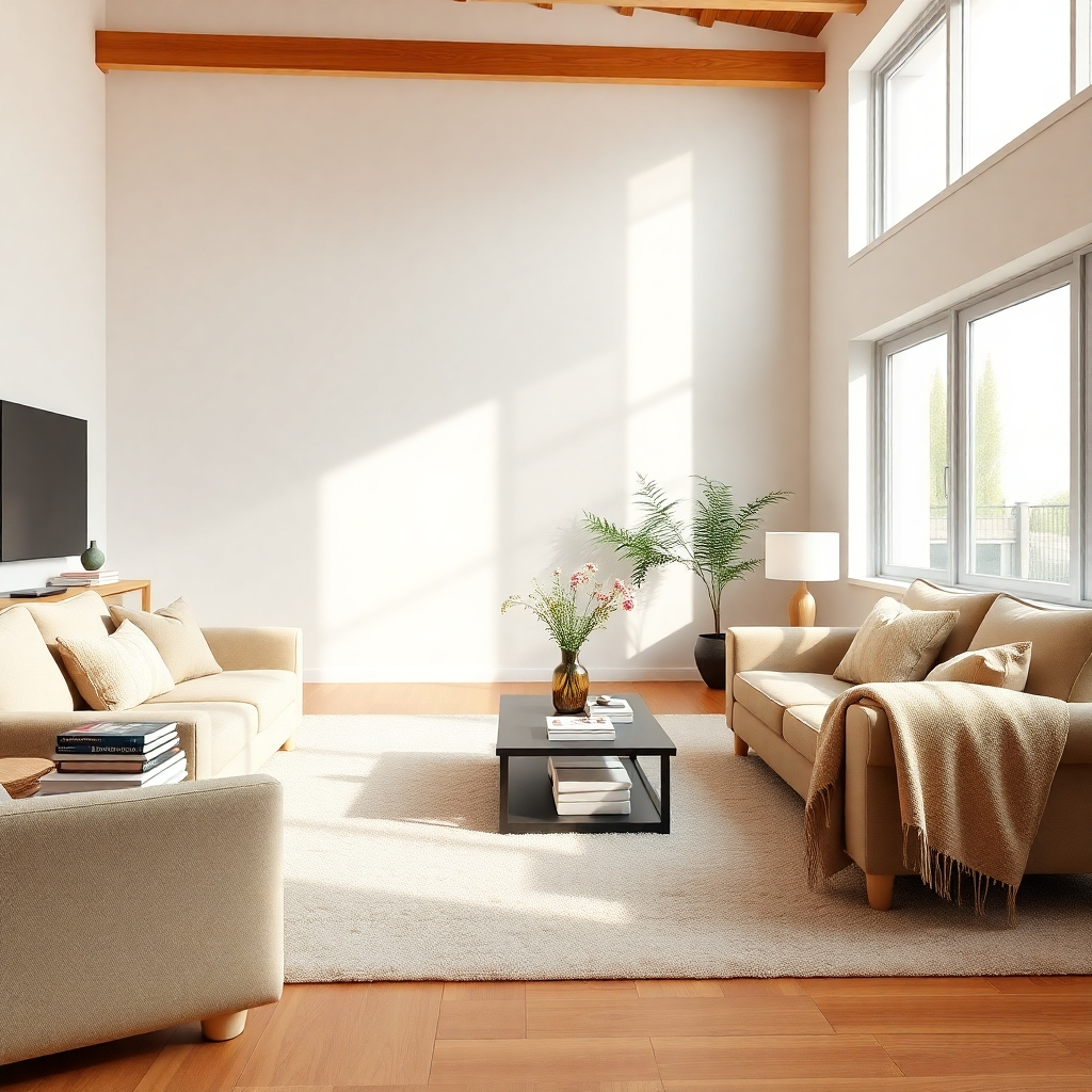 A photorealistic image, rendered in 8K resolution and hyperrealistic detail, showing a living room after a regular maintenance cleaning. The lighting is bright and natural, coming from a large window. The color palette is warm and inviting, using natural tones.  The composition shows a well-organized and clean living room with comfortable furniture and soft furnishings. The camera angle is from a slight distance, providing a complete view of the room. The furniture should be clean and well-maintained, the surfaces dust-free.  The texture of the carpets and sofas should be meticulously rendered, along with the shine of the wood floors or other surfaces.   The overall mood is calming and welcoming. Props might include a stack of neatly organized books, fresh flowers in a vase, and a cozy throw blanket.  The background is a minimalist design that enhances the comfort of the room.  The style is inspired by the realism of Norman Rockwell combined with the clean lines of modern minimalist design, showcasing a balanced atmosphere of comfort and order.  The scene must reflect a space which feels lived in but consistently clean and organized.