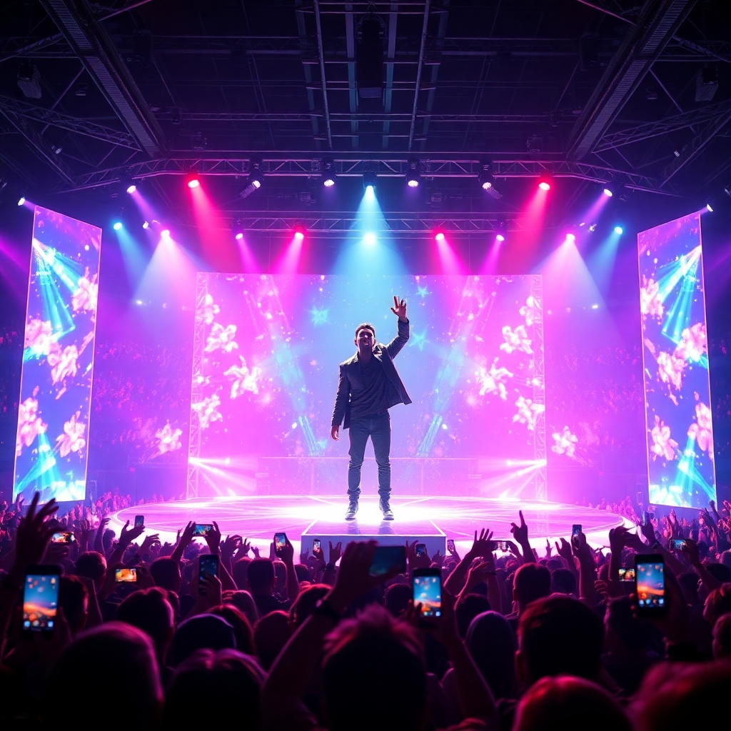 A photorealistic image, rendered in 8K resolution, showcasing a breathtaking virtual concert experience.  The scene depicts a famous pop star performing on a massive, holographic stage, bathed in vibrant, dynamic lighting.  The lighting is a carefully orchestrated mix of intense spotlights focusing on the performer and subtle ambient lighting creating a mesmerizing atmosphere. The color palette should be vibrant and energetic, featuring bright neons and saturated colours, reflecting the music's energy. The camera angle is from the audience's perspective, capturing the performer and the audience’s enthusiastic response.  The image should render the textures of the holographic stage, the performer's clothing, and the details of the audience’s expressions with extreme precision and detail.  The overall style should be reminiscent of high-end concert photography, capturing the dynamic energy of a live performance. The background showcases a realistic, albeit virtual, stadium with a sea of fans holding up their phones to capture the moment. The background elements should remain in focus and detail, conveying the scale and excitement of the virtual venue.  The image needs to create a sense of immersion and excitement that is only possible through advanced technology.